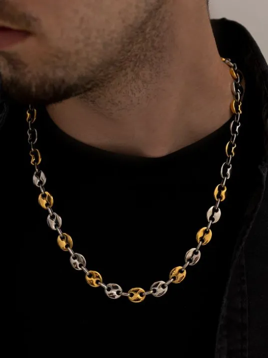 Erkek Kolye - Gemici Model Sarı Beyaz Çelik Erkek Kolye Zincir - 316 L Paslanmaz Çelik Kolye