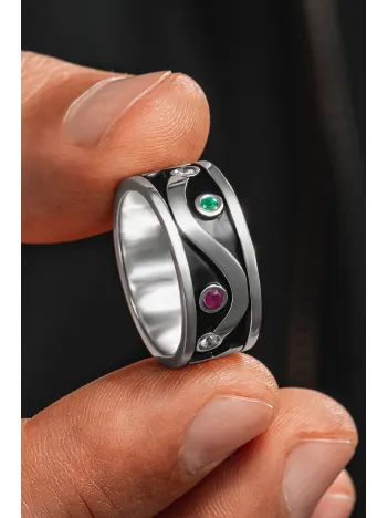 Kişiye Özel Orjinal Yakut Zümrüt Ve Zirkon Taşı İsim Yazılabilir 925 Ayar Gümüş Erkek Alyans Yüzük