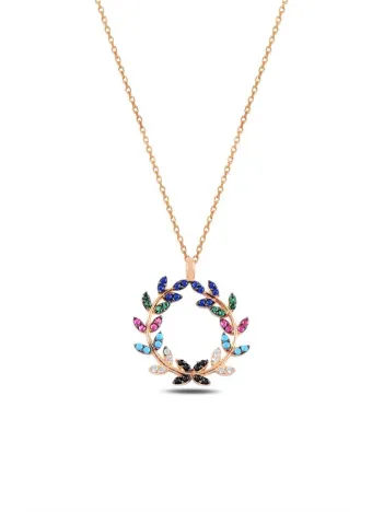 Kadın Mix Taşlı Yuvarlak Yaprak Model Gümüş Kolye Gklyprkmdl4-ros