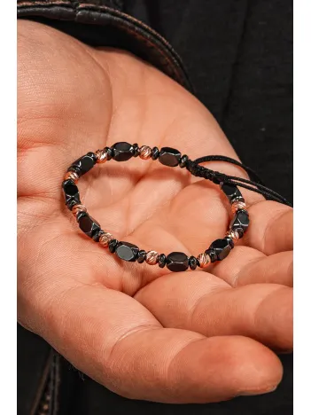 Kadın Erkek Gümüş Bileklik - Hematit Taşlı Gümüş Detaylı İnce Kibar Erkek Kadın Bileklik