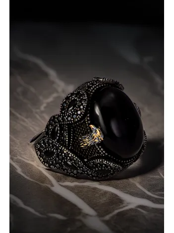 Erkek Siyah Oniks Taşlı Yanı Kartal Kafası Zirkon Süslemeli 925 Ayar Gümüş Yüzük