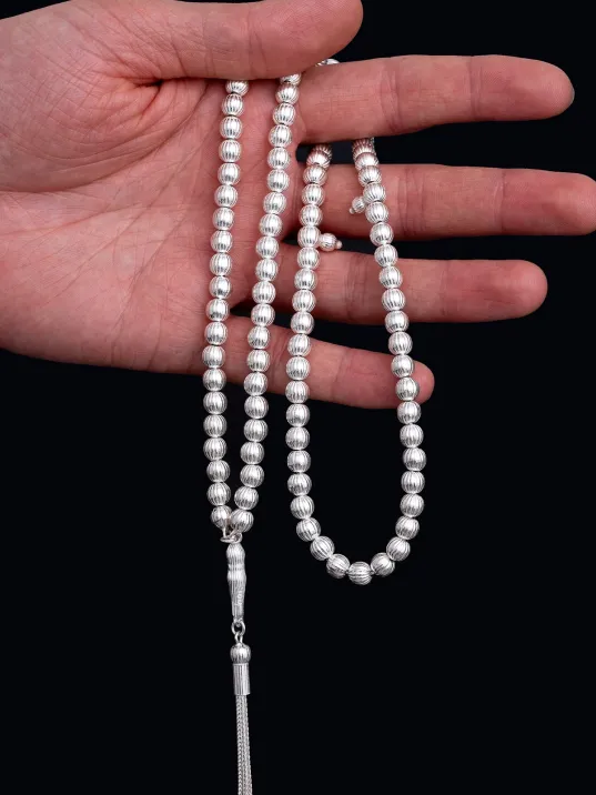 Erkek Gümüş Tespih - Çizgili Küre 99’luk Namaz Tespihi Gümüş Tespih