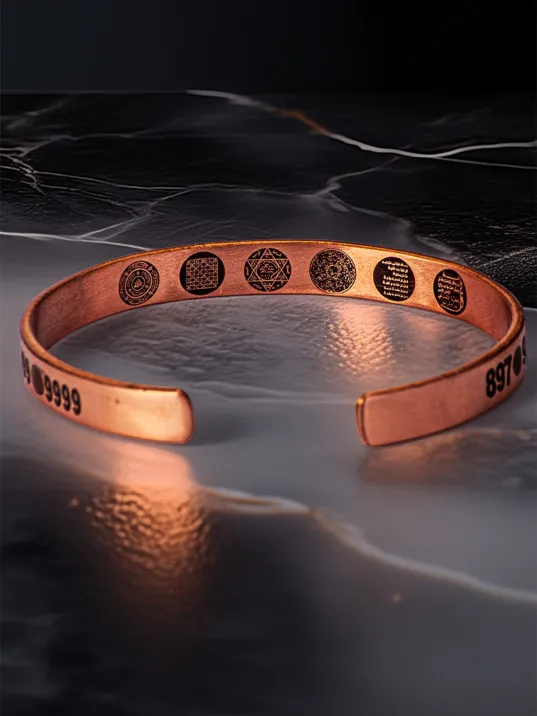Erkek Kadın Bakır Bileklik - Içi Zırh Ve Koruma Dualı Sayı Sekansları Para Sağlık Metal Kutu Taş