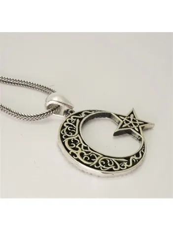 Özel İşçilikli Ay Yıldız Erkek Gümüş Kolye Zincir Orta Boy