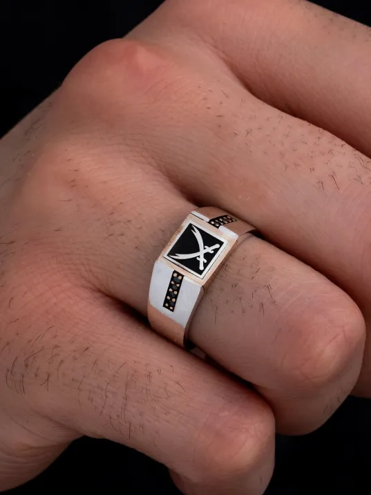 Erkek Gümüş Yüzük - Çift Zülfikarlı Siyah Taşlı İnce Kibar Erkek Yüzüğü