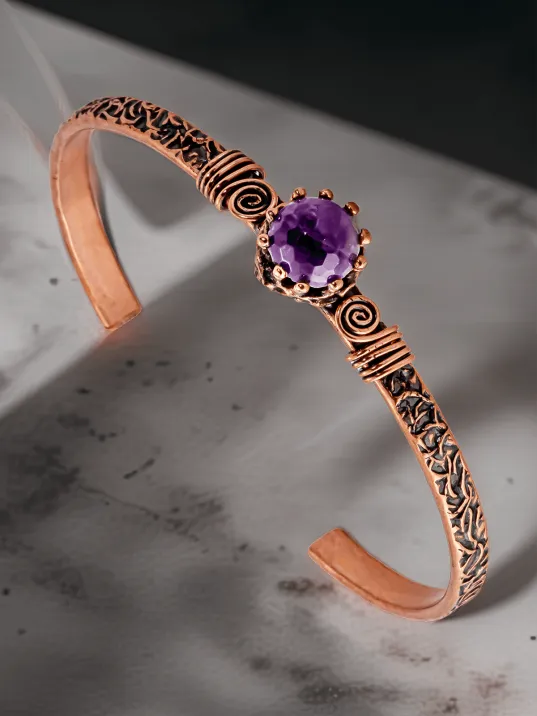 Kadın Bakır Bileklik Yüzük Set - Ametist Taşlı Ağaç Kabuğu Model İnce Metal Kutu Kuvars Taşlı Set