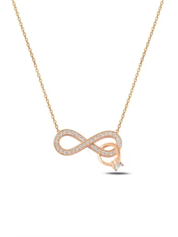 Kadın Gümüş Kolye - Rose Altın Kaplama Tektaş Yüzük Figürlü Sonsuzluk Kolyesi