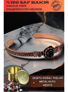 Kadın Bakır Bileklik - Oniks Taşlı Yuvarlak Ağaç Kabuğu Model İnce Metal Kutu Doğal Taşlar Bilezik