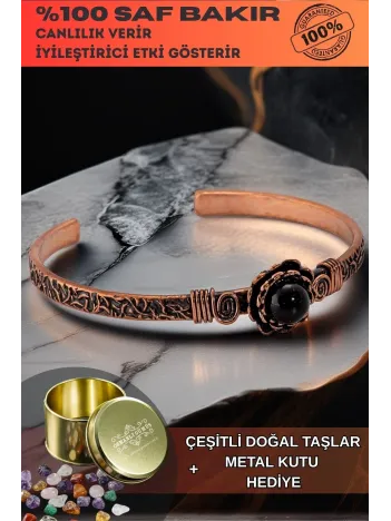 Kadın Bakır Bileklik - Oniks Taşlı Yuvarlak Ağaç Kabuğu Model İnce Metal Kutu Doğal Taşlar Bilezik