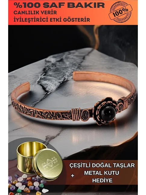 Kadın Bakır Bileklik - Oniks Taşlı Yuvarlak Ağaç Kabuğu Model İnce Metal Kutu Doğal Taşlar Bilezik