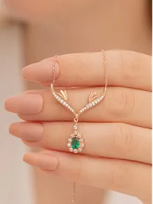 Kadın Gümüş Kolye - 925 Ayar Rose Kaplama Kanatlı Zümrüt Taşlı Damla Model Kadın Kolye
