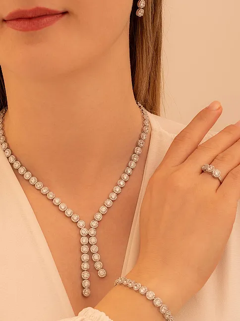Kadın Gümüş Takı Seti - İdil Yuvarlak Model Zirkon Taşlı Kolye, Bileklik, Yüzük, Küpe Tam Set