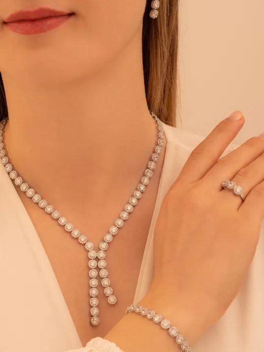 Kadın Gümüş Takı Seti - İdil Yuvarlak Model Zirkon Taşlı Kolye, Bileklik, Yüzük, Küpe Tam Set Kadın Gümüş Takı Seti - İdil Yuvarlak Model Zirkon Taşlı Kolye, Bileklik, Yüzük, Küpe Tam Set