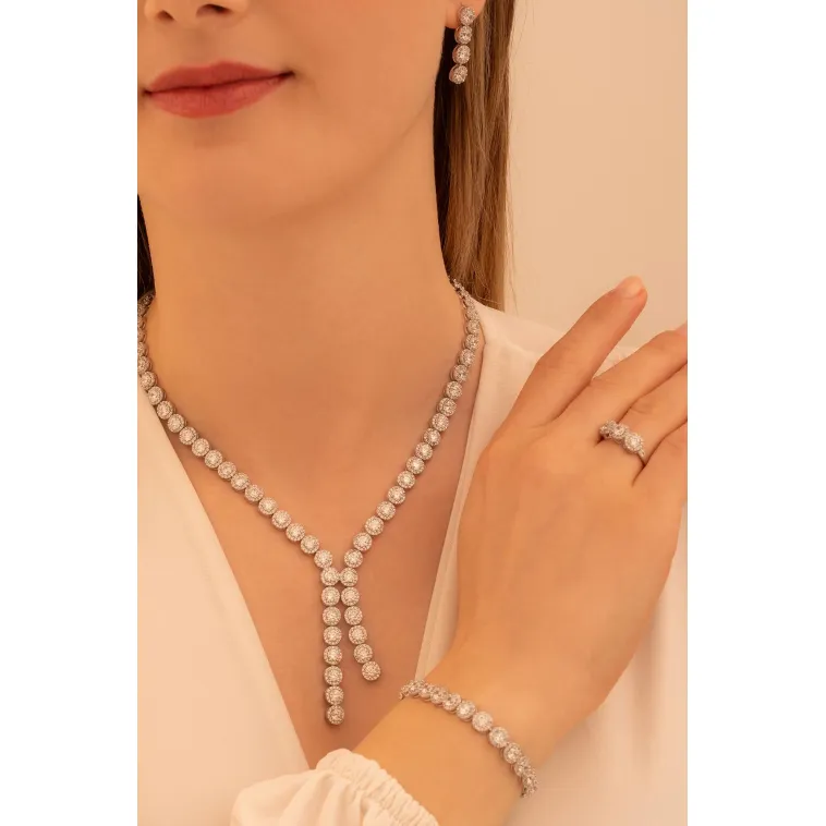 Kadın Gümüş Takı Seti - İdil Yuvarlak Model Zirkon Taşlı Kolye, Bileklik, Yüzük, Küpe Tam Set