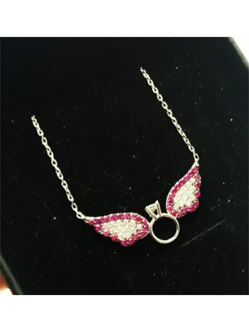 Tektaşlı Kanatlı Bordo Beyaz Bayan Gümüş Kolye