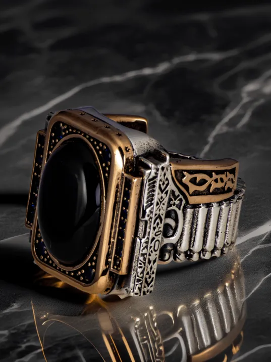 Erkek Silah Ve Kurşun Motifli Siyah Oniks Taşlı Silahtar Model 925 Ayar Gümüş Yüzük