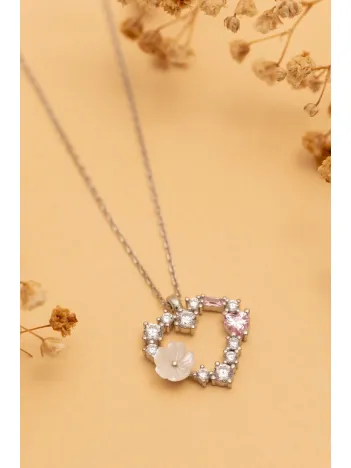 Kadın Gümüş Kolye - Manolya Çiçekli Kalp Zirkon Taşlı Gümüş Kadın Kolye