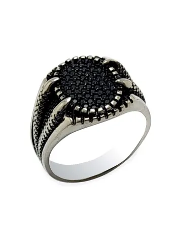 Siyah Mikro Taşlı Pençe Gümüş Erkek Yüzük