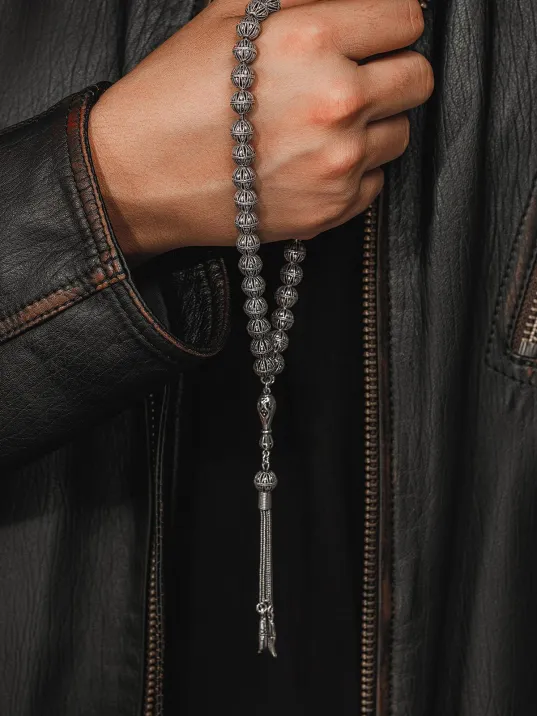 Erkek Tesbih - Beyhude Oksitli 925 Ayar Gümüş Erkek Tespih Orta Boy 40gr