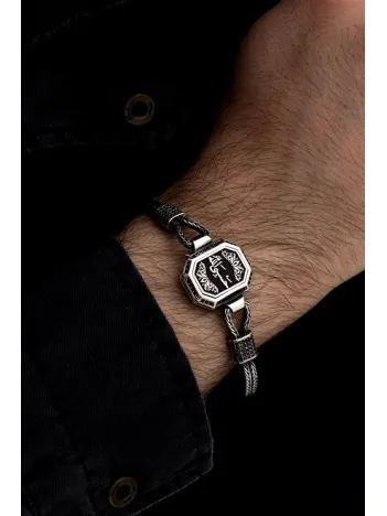 Erkek Gümüş Bileklik - HasbinAllah (Allah Bize Yeter) Motifli Tilkikuyruğu Zincirli Gümüş Bileklik