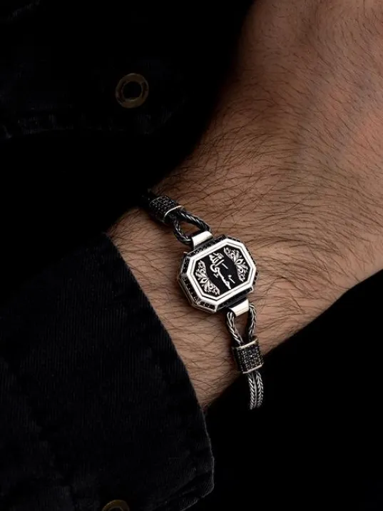 Erkek Gümüş Bileklik - HasbinAllah (Allah Bize Yeter) Motifli Tilkikuyruğu Zincirli Gümüş Bileklik