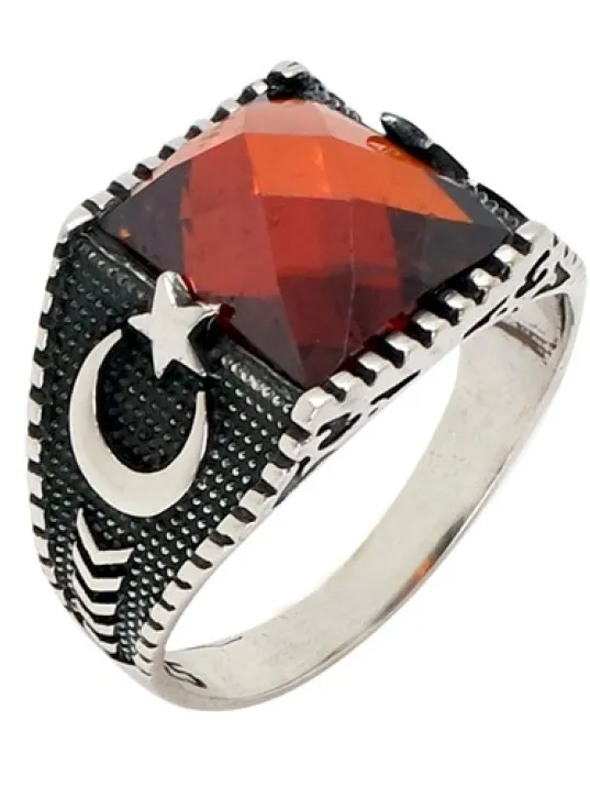 Kırmızı Zirkon Taşlı Ay Yıldızlı Gümüş Erkek Yüzük