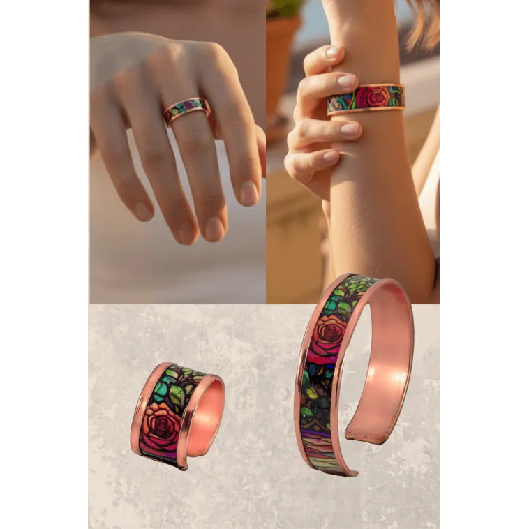 Kadın Bakır Bileklik Yüzük Set - Roselaw Model Özel Baskı Metal Kutu Ve Kuvars Taşı Kadın Bakır Bileklik Yüzük Set - Roselaw Model Özel Baskı Metal Kutu Ve Kuvars Taşı