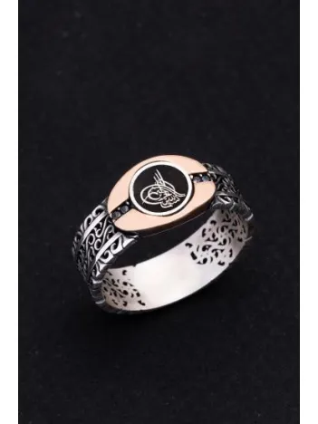 Erkek Gümüş Yüzük - Osmanlı Tuğralı Sarmaşık Motifli İnce Kibar Erkek Yüzük