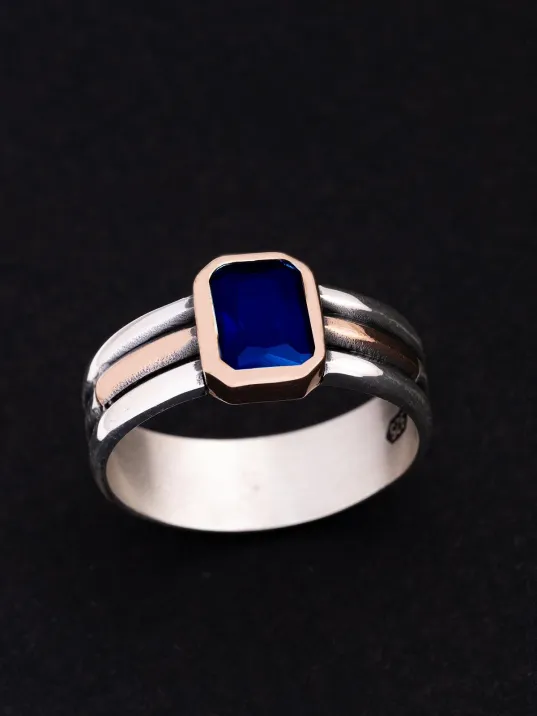 Erkek Gümüş Yüzük - Lacivert Safir Taşlı İnce Kibar Erkek Yüzüğü