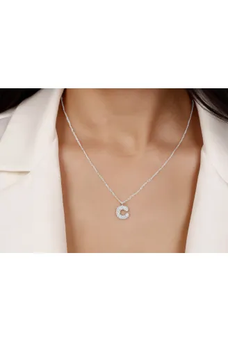 Kadın Gümüş Kolye - C Harfi Zirkon Taşlı Balon Harf Kadın Kolye