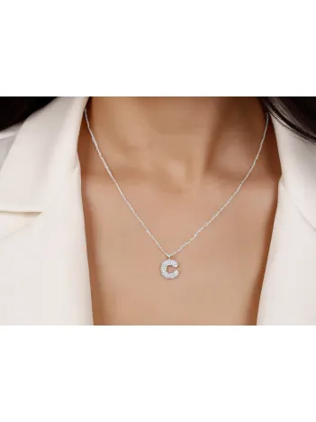 Kadın Gümüş Kolye - C Harfi Zirkon Taşlı Balon Harf Kadın Kolye