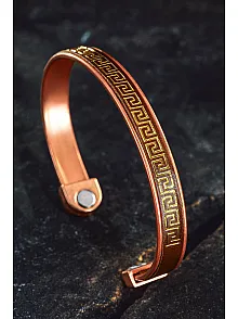 Erkek Kadın Bakır Bileklik - Altın Kaplama Hakiki Deri Grek İşlemeli Mıknatıslı Metal Kutu Doğal Taşlar