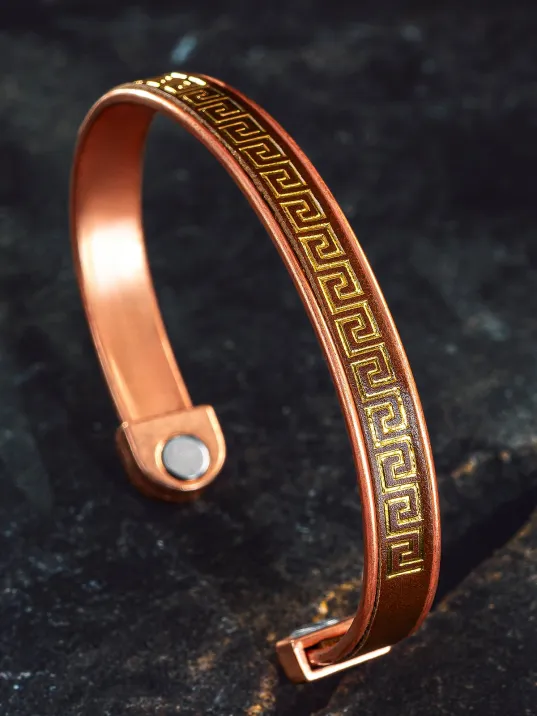 Erkek Kadın Bakır Bileklik - Altın Kaplama Hakiki Deri Grek İşlemeli Mıknatıslı Metal Kutu Doğal Taşlar