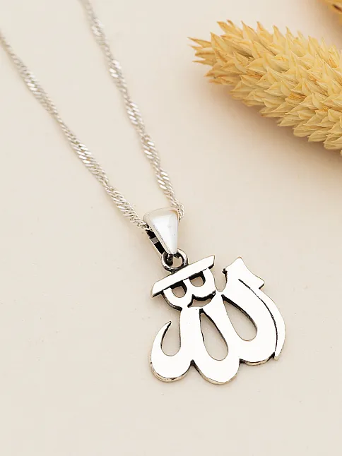 Kadın Gümüş Kolye - Parlak Model Arapça Allah Yazılı Figür Gümüş Kolye