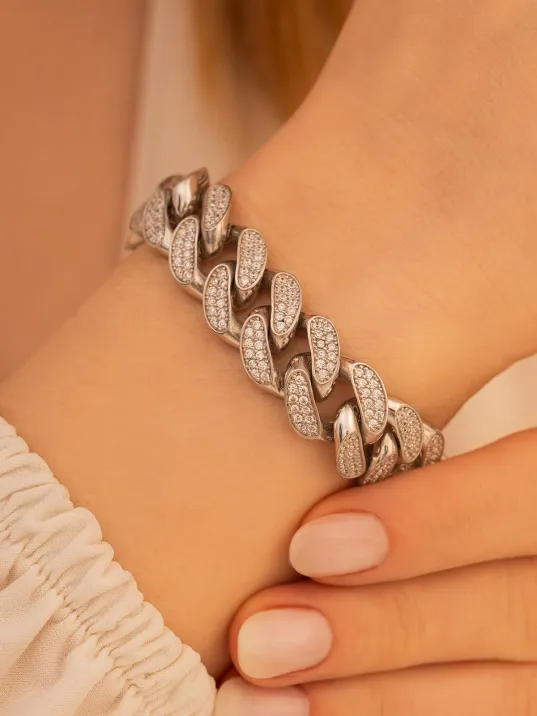 Kadın Gümüş Bileklik - Zirkon Taşlı İthal Kalın Gurmet Model Gümüş Bileklik