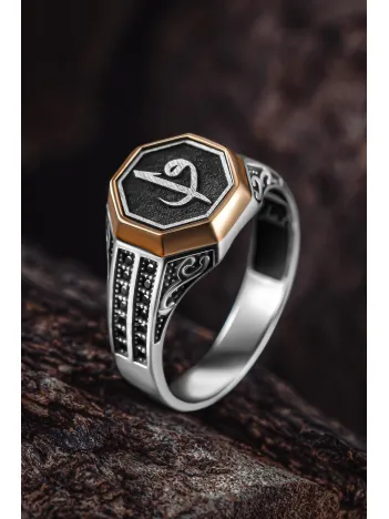 Erkek Gümüş Yüzük - Zirkon Taşlı Vav Elif İşlemeli Erkek Yüzük