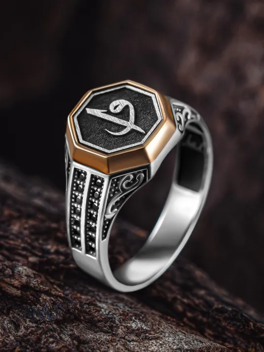 Erkek Gümüş Yüzük - Zirkon Taşlı Vav Elif İşlemeli Erkek Yüzük