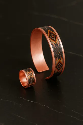 Kadın Bakır Bileklik Yüzük Set - Lulu Model Özel Baskı Metal Kutu Ve Kuvars Taşı