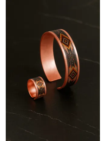 Kadın Bakır Bileklik Yüzük Set - Lulu Model Özel Baskı Metal Kutu Ve Kuvars Taşı