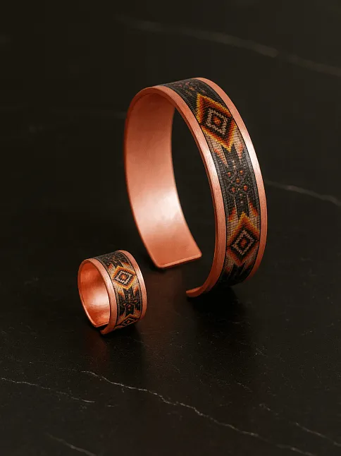 Kadın Bakır Bileklik Yüzük Set - Lulu Model Özel Baskı Metal Kutu Ve Kuvars Taşı