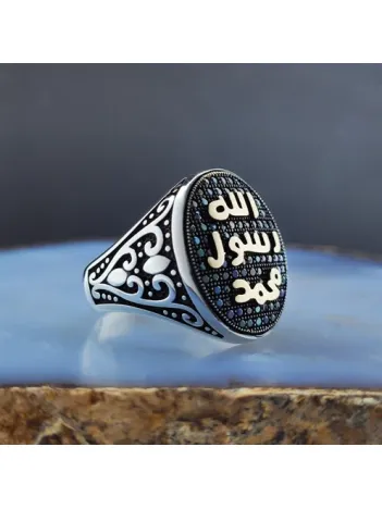 Mikro Taşlı Mührü Şerif Yazılı Erkek Gümüş Yüzük  GYZGMSTGUMU