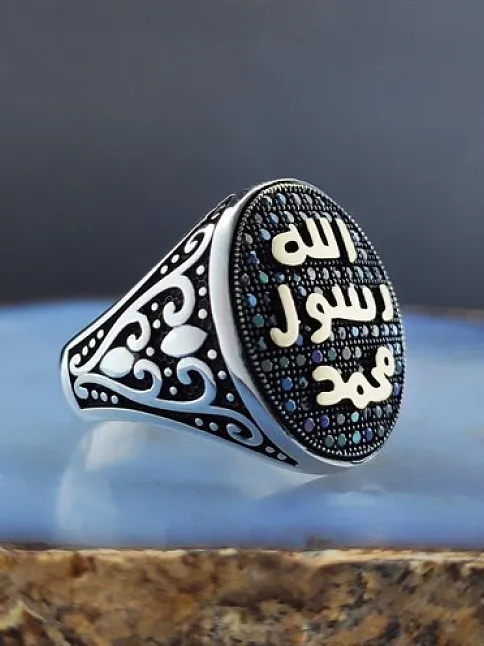 Mikro Taşlı Mührü Şerif Yazılı Erkek Gümüş Yüzük  GYZGMSTGUMU