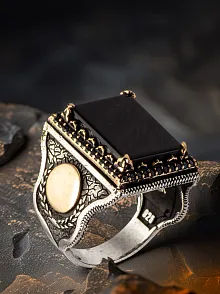 Erkek Siyah Oniks Taşlı Yanı Harf Yazılabilir 925 Ayar Gümüş Yüzük