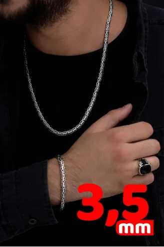 Erkek Gümüş Kolye Bileklik Set - Yassı Ezme Kral Gümüş Bileklik Set