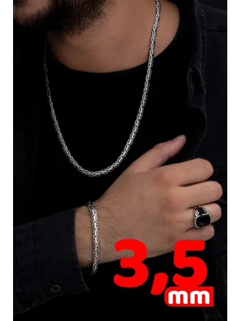 Erkek Gümüş Kolye Bileklik Set - Yassı Ezme Kral Gümüş Bileklik Set