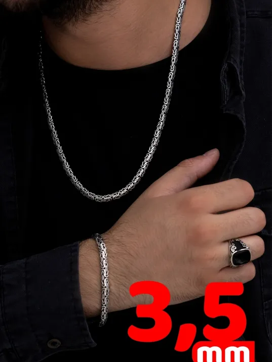 Erkek Gümüş Kolye Bileklik Set - Yassı Ezme Kral Gümüş Bileklik Set Erkek Gümüş Kolye Bileklik Set - Yassı Ezme Kral Gümüş Bileklik Set