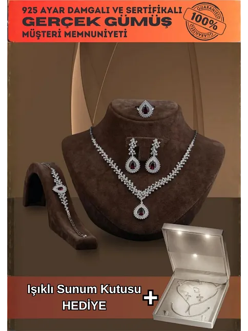 Çise Bayan Yakut Taşlı Gümüş Su Yolu Set - Kolye, Bileklik, Küpe, Yüzük