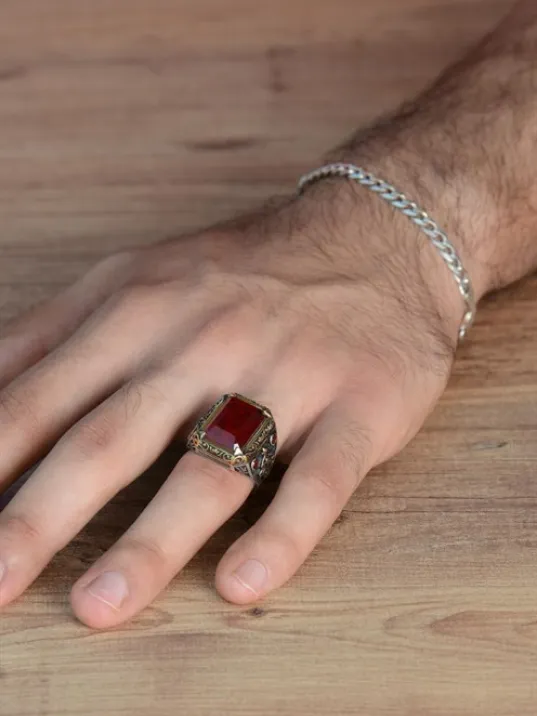 Kırmızı Paraiba Taşlı Zirkon İşlemeli 925 Ayar Gümüş Erkek Yüzük GYZMINELIYZ-KRS