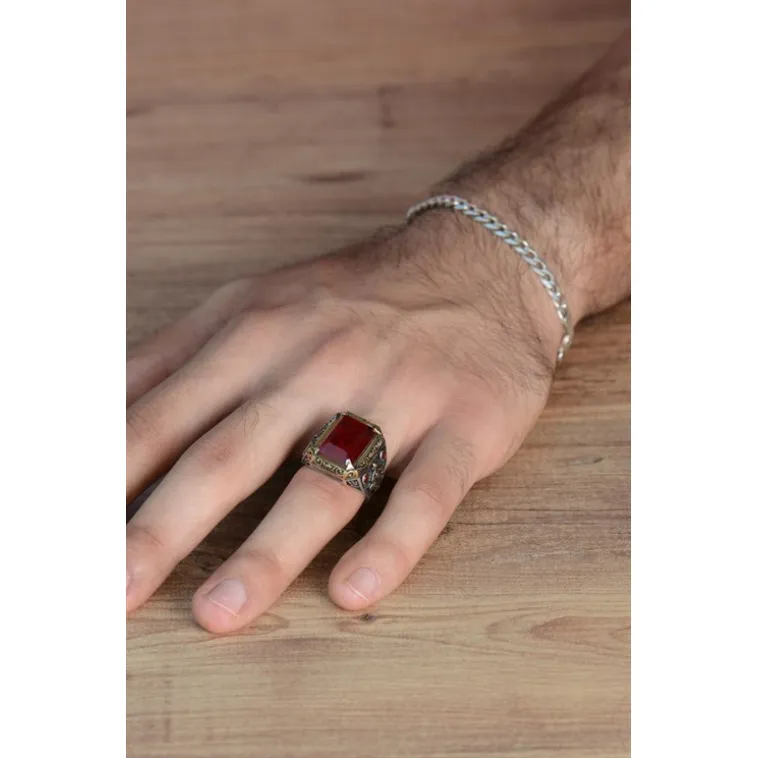 Kırmızı Paraiba Taşlı Zirkon İşlemeli 925 Ayar Gümüş Erkek Yüzük GYZMINELIYZ-KRS Kırmızı Paraiba Taşlı Zirkon İşlemeli 925 Ayar Gümüş Erkek Yüzük GYZMINELIYZ-KRS