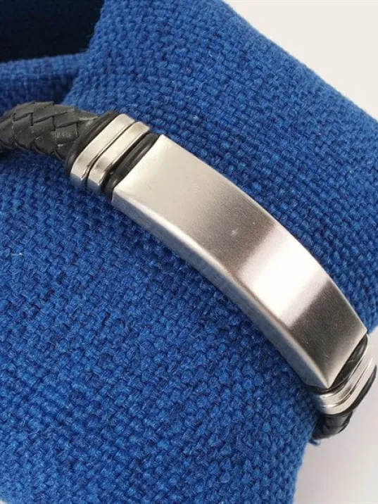 Yazı Yazılabilir Çelik Erkek Bileklik Künye Deri Kordonlu